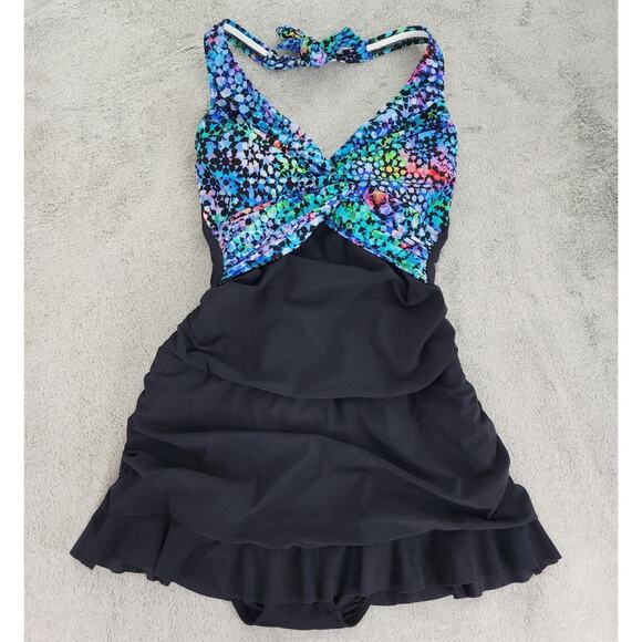 Profile by Gottex Swimsuit Womens 8 Black Multi Halter Swimdress One Piece FLAW - Picture 1 of 12